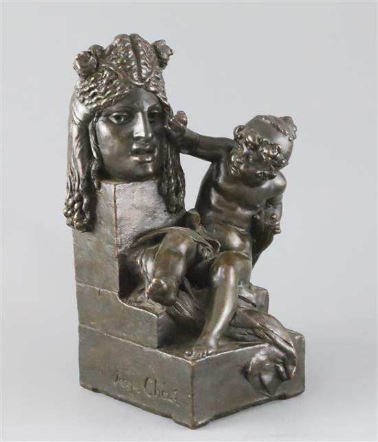 Gustave-Joseph Chéret (1838-1894). A bronzed terracotta group of putto beside a classical mask, H.12in.
